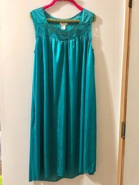 Vintage Lati Fashion Size Large Satin Nightgown Slip Dress Y2K Teal Lace